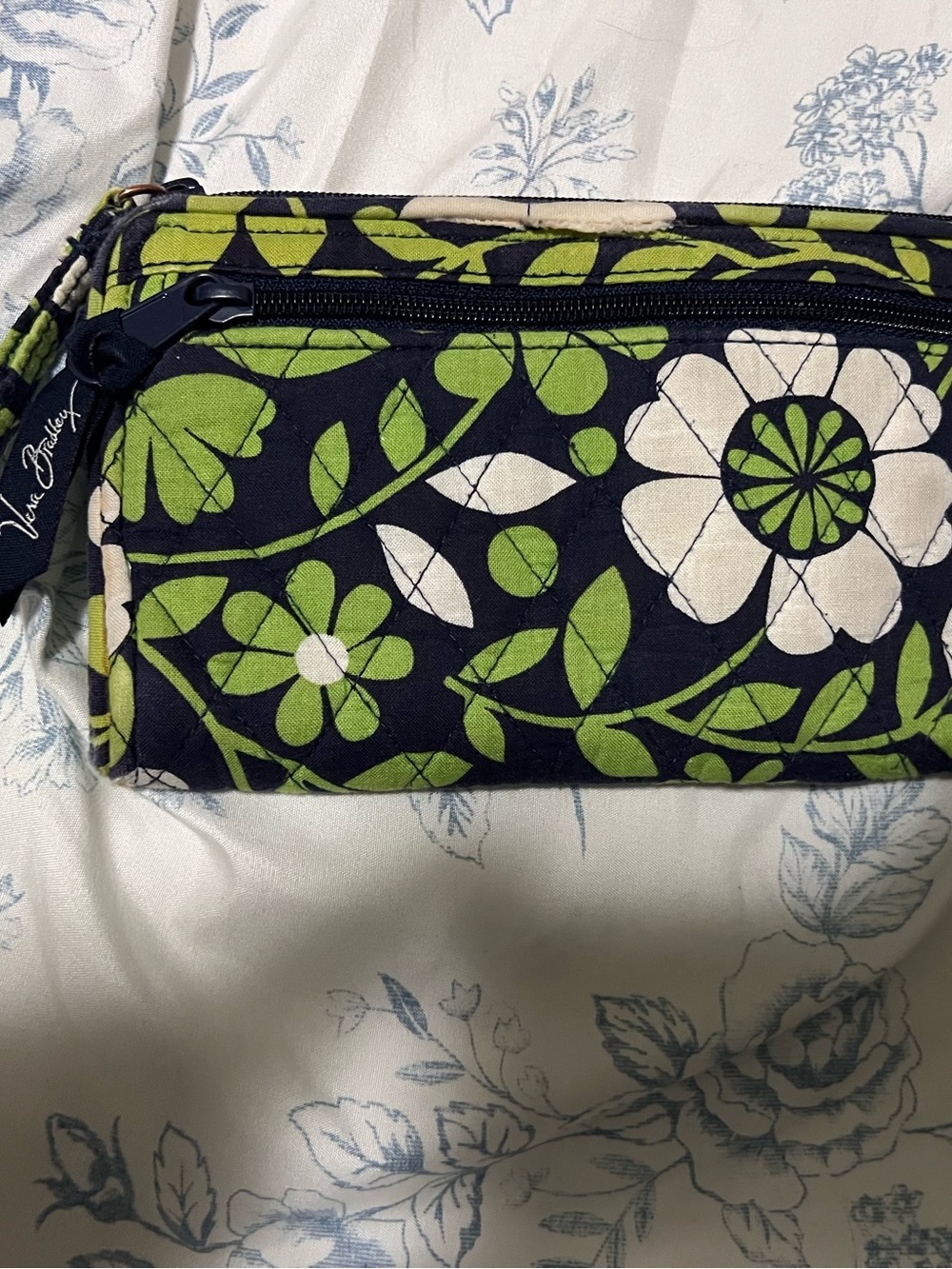 Vera Bradley Navy Floral Quilted Cosmetic Wristlet - Green & Cream Flowers